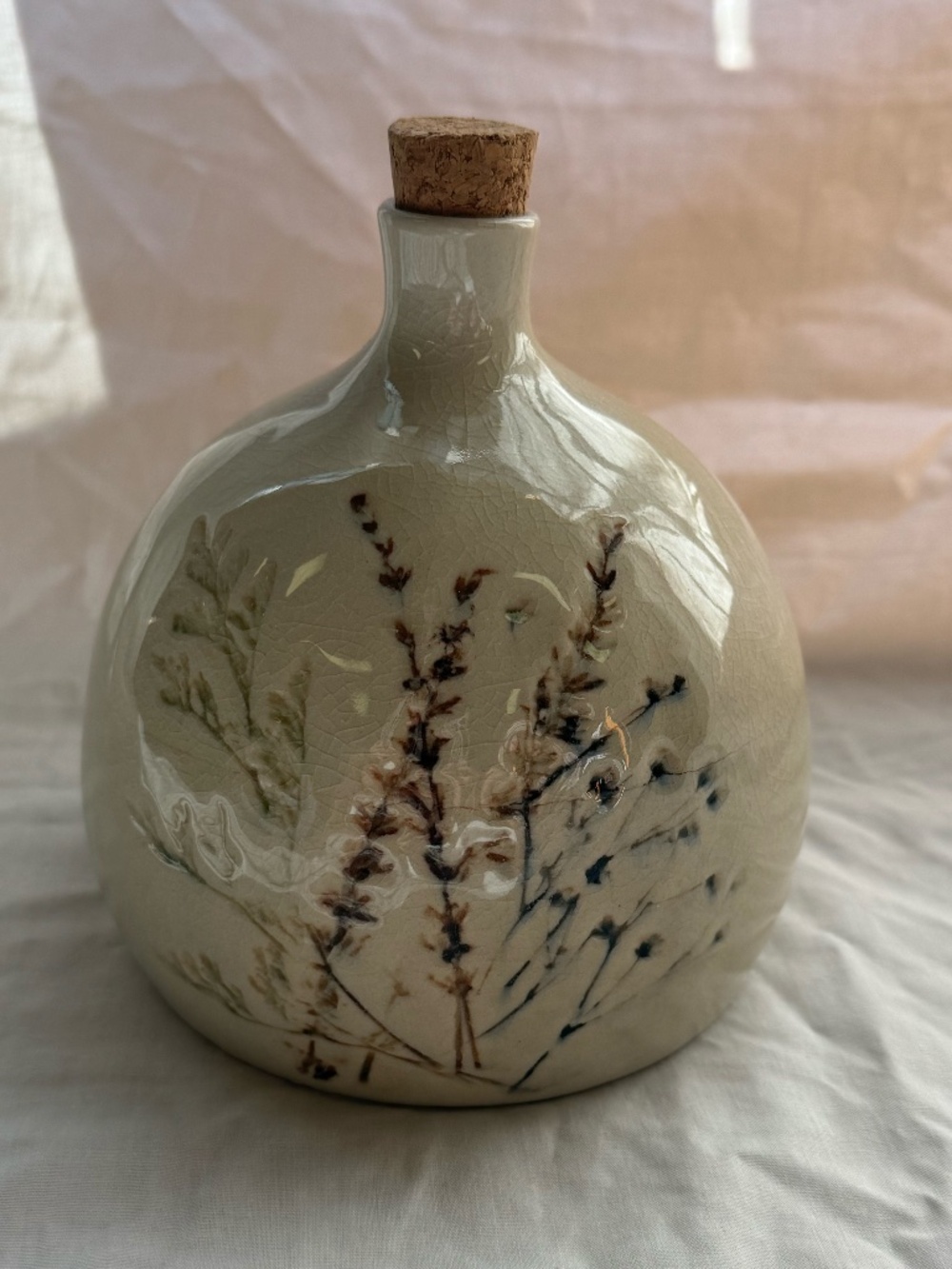Hand Painted Ceramic Vase Bottle / Minimalist Floral Decor